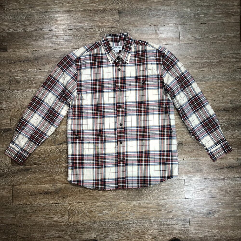 Orvis Mens Medium Shirt Long Sleeve Button Up Plaid Red Brown White Blue Outdoor